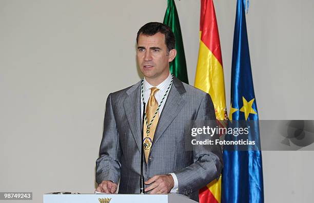 Prince Felipe of Spain receives the 'Medalla de Extremadura' at the Parador Nacional on April 29, 2010 in Trujillo, Spain.