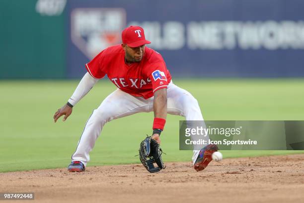 Texas Rangers Shortstop Elvis Andrus fields a ground ball during the game between the Chicago White Sox and Texas Rangers on June 29, 2018 at Globe...