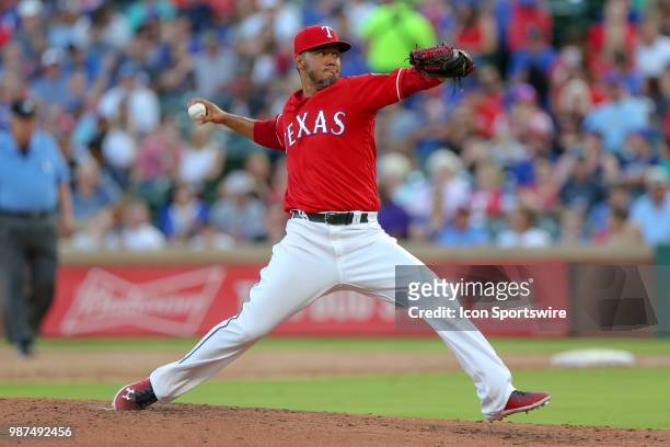 Texas Rangers Pitcher Yovani Gallardo throws during the game between the Chicago White Sox and Texas Rangers on June 29, 2018 at Globe Life Park in...