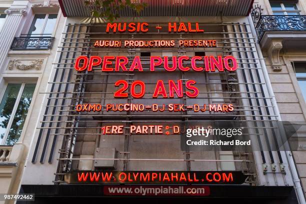 View of the Olympia front sign before the 20 Years of Opera Puccino concert at L'Olympia on June 29, 2018 in Paris, France.