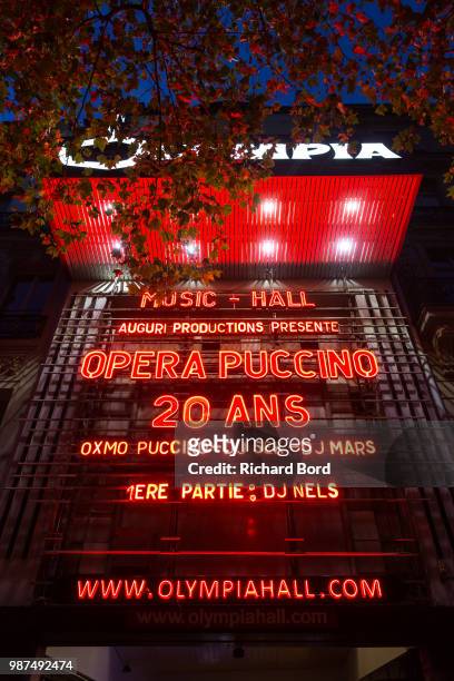 View of the Olympia front sign after the 20 Years of Opera Puccino concert at L'Olympia on June 29, 2018 in Paris, France.
