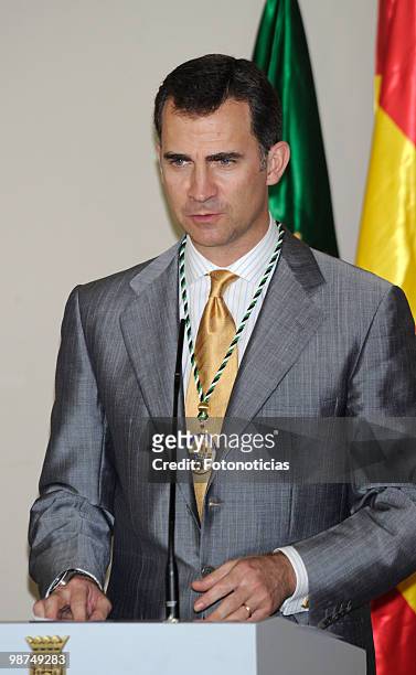 Prince Felipe of Spain receives the 'Medalla de Extremadura' at the Parador Nacional on April 29, 2010 in Trujillo, Spain.