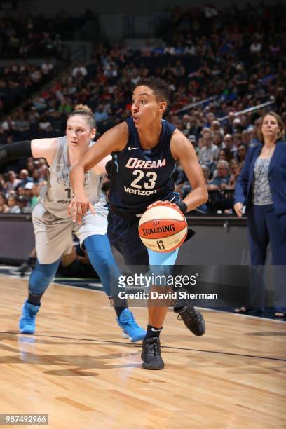 Layshia Clarendon of the Atlanta Dream handles the ball against the Minnesota Lynx on June 29, 2018 at Target Center in Minneapolis, Minnesota. NOTE...