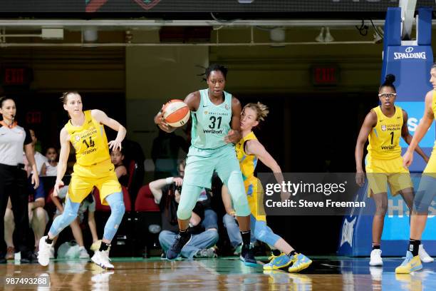 Tina Charles of the New York Liberty handles the ball against the Chicago Sky on June 29, 2018 at Westchester County Center in White Plains, New...