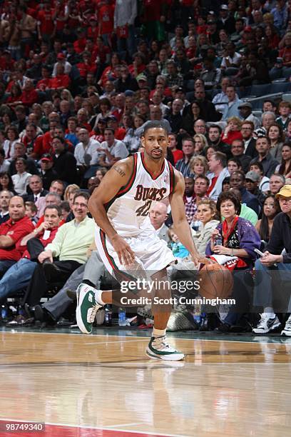 Charlie Bell of the Milwaukee Bucks dribbles the ball against the Atlanta Hawks in Game Three of the Eastern Conference Quarterfinals during the 2010...