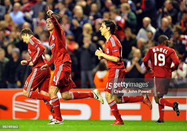 Alberto Aquilani of Liverpool celebrates after scoring the opening goal during the UEFA Europa League Semi-Finals Second Leg match between Liverpool...