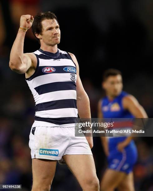 Patrick Dangerfield of the Cats celebrates a goal during the 2018 AFL round 15 match between the Western Bulldogs and the Geelong Cats at Etihad...