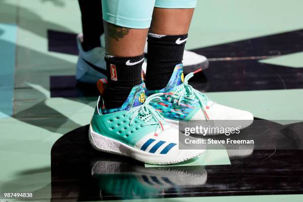 The sneakers of Shavonte Zellous of the New York Liberty are seen before the game against the Chicago Sky on June 29, 2018 at Westchester County...