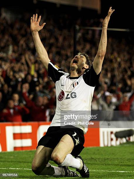 Zoltan Gera of Fulham celebrates after he scores his teams second goal during the UEFA Europa League Semi-Final 2nd leg match between Fulham and...