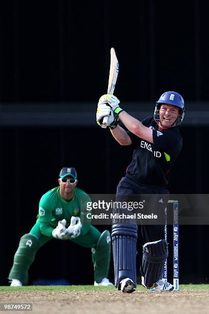 Eoin Morgan of England hits straight during the ICC T20 World Cup warm up match between South Africa and England on April 29, 2010 in Bridgetown,...