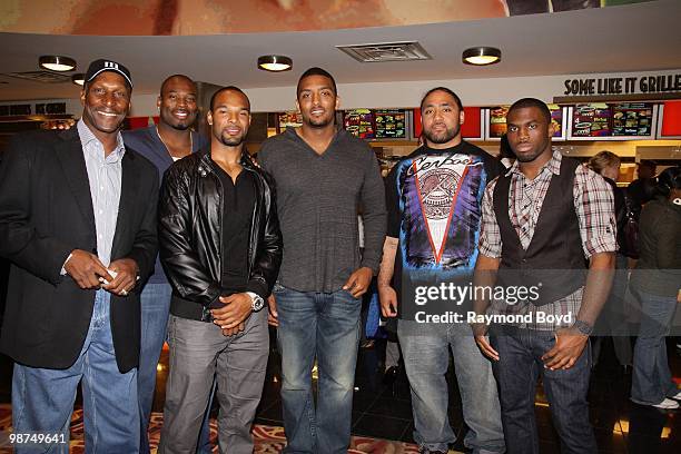 Chicago Bears football players Otis Willson, Israel Idonije, Matt Forte, Jarron Gilbert, Matt Toeaina and Earl Bennett attends a red carpet screening...