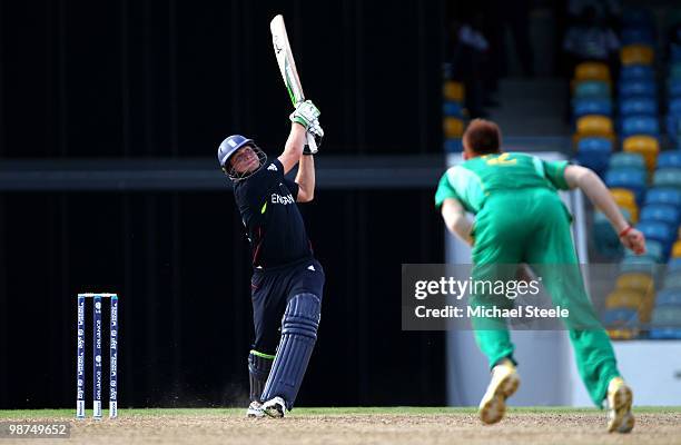 Luke Wright hits a six off the bowling of Rusty Theron to clinch a five wicket victory during the ICC T20 World Cup warm up match between South...