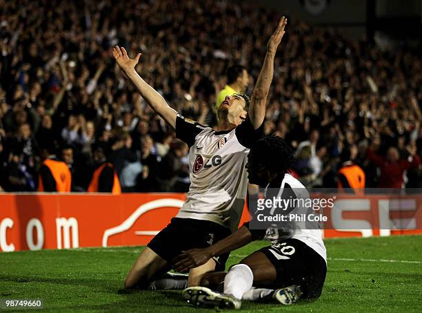 Zoltan Gera of Fulham celebrates after he scores his teams second goal during the UEFA Europa League Semi-Final 2nd leg match between Fulham and...