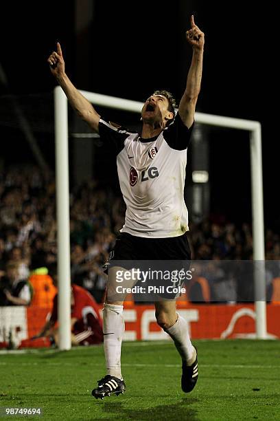 Zoltan Gera of Fulham celebrates after he scores his teams second goal during the UEFA Europa League Semi-Final 2nd leg match between Fulham and...