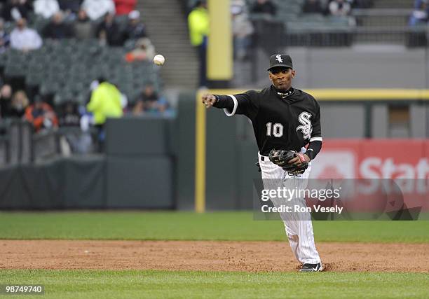 Alexei Ramirez of the Chicago White Sox fields against the Seattle Mariners on Sunday, April 25 at U.S. Cellular Field in Chicago, Illinois. The...