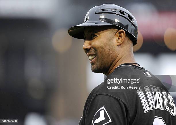 First base coach Harold Baines of the Chicago White Sox looks on against the Seattle Mariners on Sunday, April 25 at U.S. Cellular Field in Chicago,...