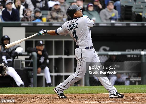Jose Lopez of the Seattle Mariners bats against the Chicago White Sox on Sunday, April 25 at U.S. Cellular Field in Chicago, Illinois. The White Sox...