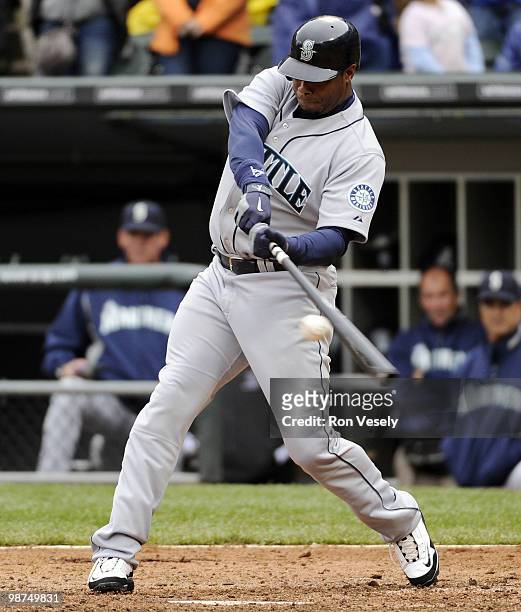 Ken Griffey Jr. #24 of the Seattle Mariners bats against the Chicago White Sox on Sunday, April 25 at U.S. Cellular Field in Chicago, Illinois. The...