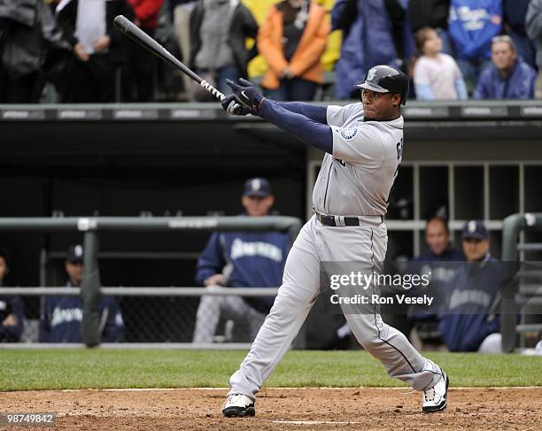 Ken Griffey Jr. #24 of the Seattle Mariners bats against the Chicago White Sox on Sunday, April 25 at U.S. Cellular Field in Chicago, Illinois. The...