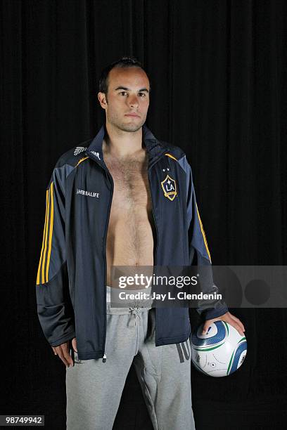 Professional soccer player Landon Donovan poses at a portrait session for the Los Angeles Times in Carson, CA on April 17, 2010. PUBLISHED IMAGE....