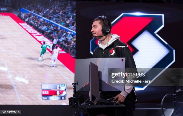 Mama Im Dat Man of Blazer5 Gaming reacts during game against Celtics Crossover Gaming on JUNE 29, 2018 at the NBA 2K League Studio Powered by Intel...