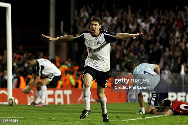 Zoltan Gera of Fulham celebrates after he scores his teams second goal during the UEFA Europa League Semi-Final 2nd leg match between Fulham and...