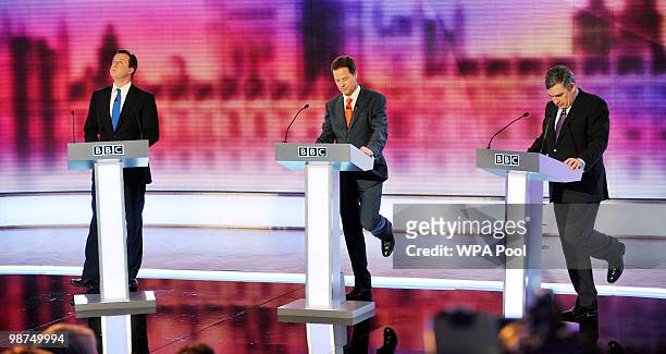 Conservative Party leader David Cameron, Liberal Democrat leader Nick Clegg and Prime Minister Gordon Brown take part in the third and final leaders'...
