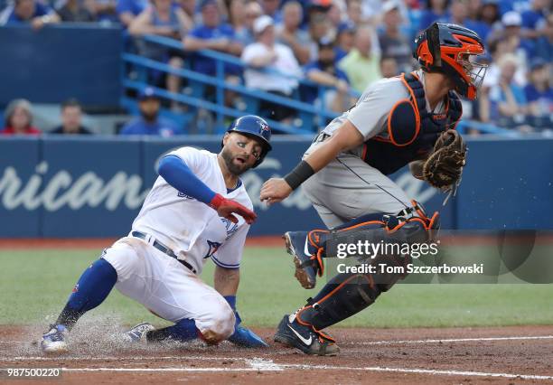 Kevin Pillar of the Toronto Blue Jays is forced out at home plate in the fourth inning during MLB game action as James McCann of the Detroit Tigers...