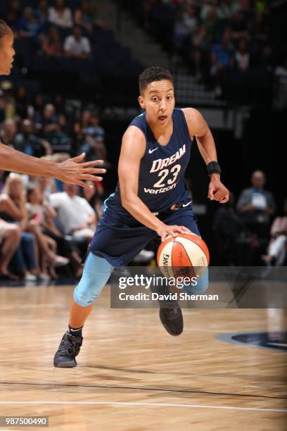 Layshia Clarendon of the Atlanta Dream handles the ball against the Minnesota Lynx on June 29, 2018 at Target Center in Minneapolis, Minnesota. NOTE...