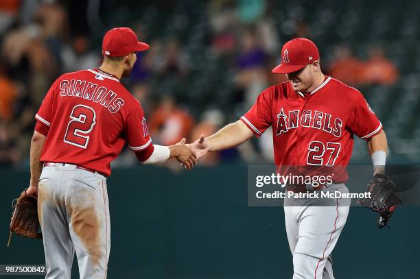 Mike Trout and Andrelton Simmons of the Los Angeles Angels of Anaheim celebrate after defeating the Baltimore Orioles 7-1 at Oriole Park at Camden...