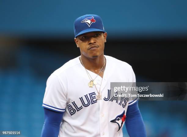 Marcus Stroman of the Toronto Blue Jays in the fourth inning during MLB game action against the Detroit Tigers at Rogers Centre on June 29, 2018 in...