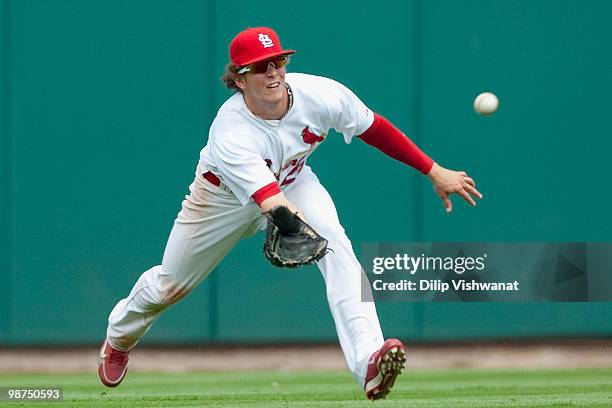 Colby Rasmus of the St. Louis Cardinals haols in a line drive against the Atlanta Braves at Busch Stadium on April 29, 2010 in St. Louis, Missouri....