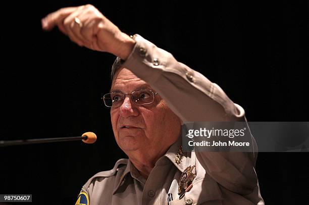 Maricopa County sheriff Joe Arpaio speaks to participants of the Border Security Expo on April 29, 2010 in Phoenix, Arizona. Arpaio, promoted by his...