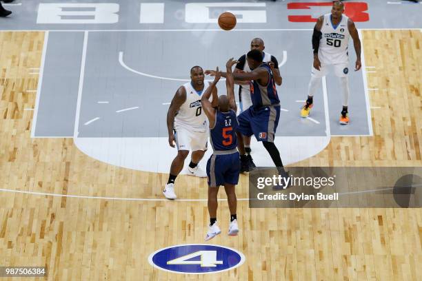 Baron Davis of 3's Company attempts a four point against Power during week two of the BIG3 three-on-three basketball league at the United Center on...