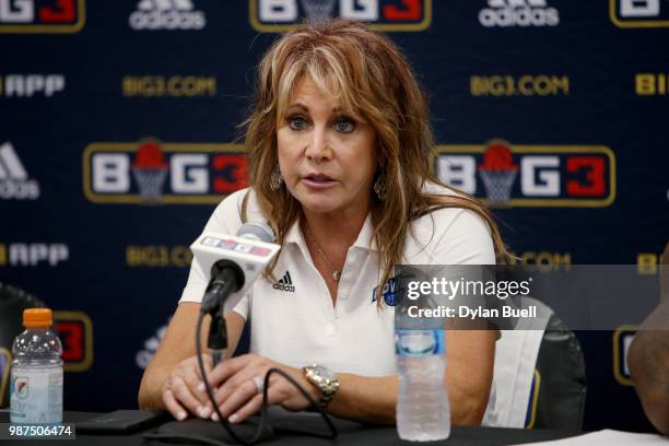 Head coach Nancy Lieberman of Power speaks to the media during week two of the BIG3 three-on-three basketball league at the United Center on June 29,...