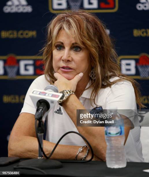 Head coach Nancy Lieberman of Power speaks to the media during week two of the BIG3 three-on-three basketball league at the United Center on June 29,...