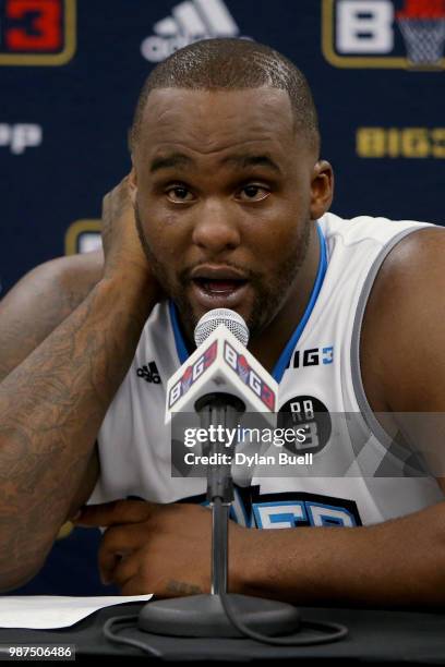 Glen Davis of Power speaks to the media during week two of the BIG3 three-on-three basketball league at the United Center on June 29, 2018 in...