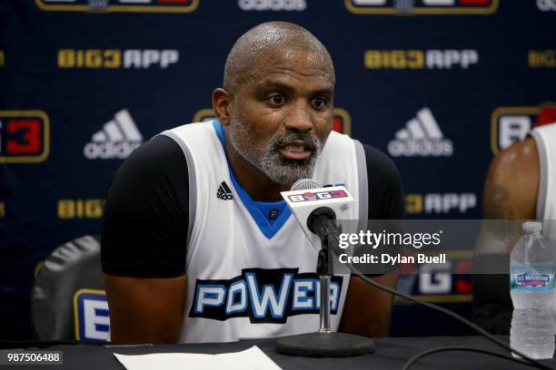 Cuttino Mobley of Power speaks to the media during week two of the BIG3 three-on-three basketball league at the United Center on June 29, 2018 in...