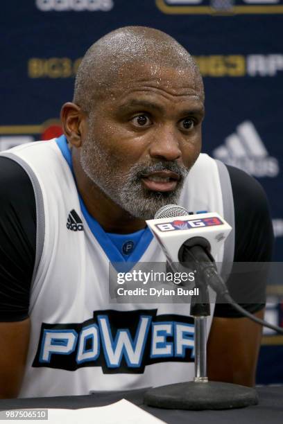 Cuttino Mobley of Power speaks to the media during week two of the BIG3 three-on-three basketball league at the United Center on June 29, 2018 in...