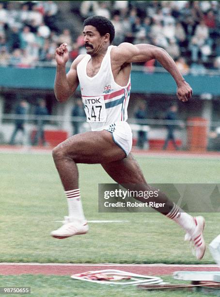 Daley Thompson of Great Britain competes in the Long Jump discipline of the Decathlon at the 1983 World Championships in Athletics on August 12, 1983...