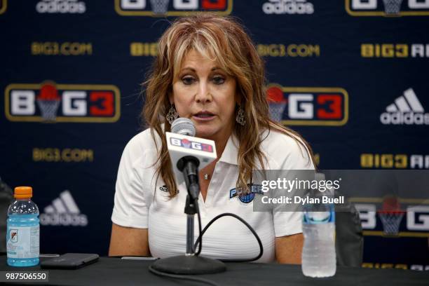 Head coach Nancy Lieberman of Power speaks to the media during week two of the BIG3 three-on-three basketball league at the United Center on June 29,...