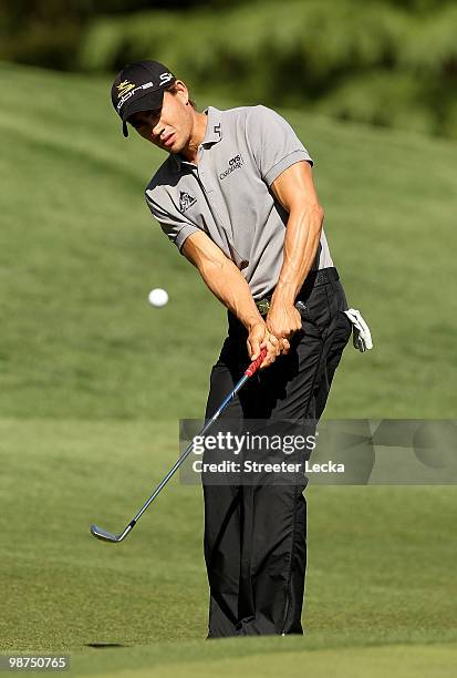 Camilo Villegas of Colombia reacts to a shot on the 16th hole during the first round of the Quail Hollow Championship at Quail Hollow Country Club on...