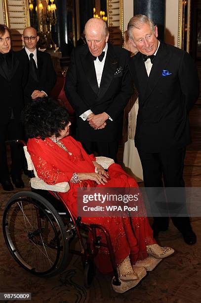Prince Charles, Prince of Wales actress Dame Elizabeth Taylor and President of the Royal Welsh College, Lord Rowe-Beddoe attend a Royal Welsh College...