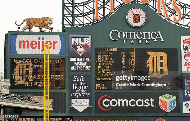 The Comerica Park scoreboard acknowledges Magglio Ordonez of the Detroit Tigers 2,000 career hit in the fourth inning a single off of Carl Pavano of...