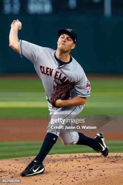 Trevor Bauer of the Cleveland Indians pitches against the Oakland Athletics during the first inning at the Oakland Coliseum on June 29, 2018 in...