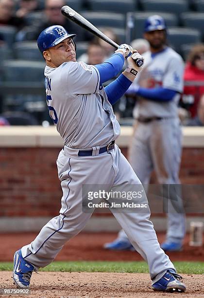 Russell Martin of the Los Angeles Dodgers bats against the New York Mets on April 28, 2010 at Citi Field in the Flushing neighborhood of the Queens...