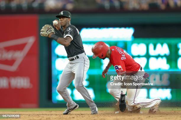 Chicago White Sox Shortstop Tim Anderson holds on to the ball after beginning to turn a double play during the game between the Chicago White Sox and...
