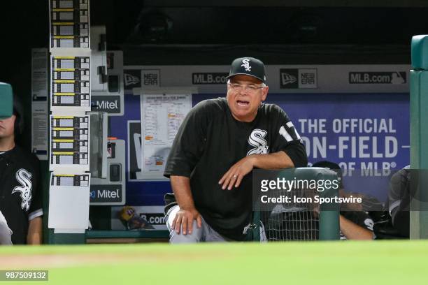 Chicago White Sox Manager Rick Renteria yells from the dugout during the game between the Chicago White Sox and Texas Rangers on June 29, 2018 at...