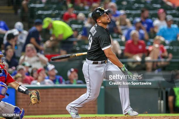 Chicago White Sox First base Jose Abreu watches a deep fly ball during the game between the Chicago White Sox and Texas Rangers on June 29, 2018 at...