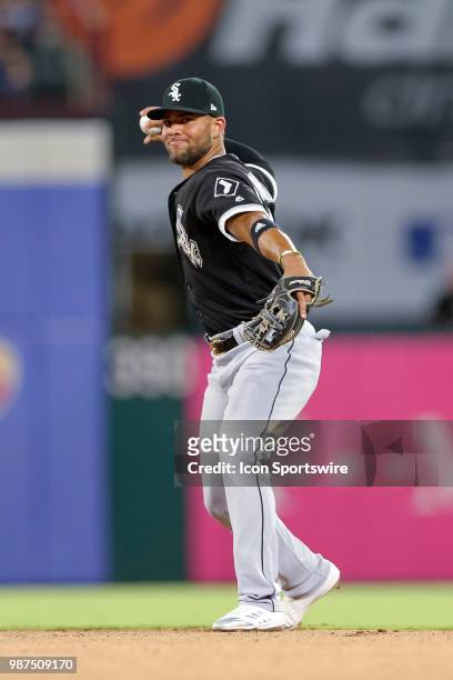 Chicago White Sox Second base Yoan Moncada makes a play on a ground ball during the game between the Chicago White Sox and Texas Rangers on June 29,...